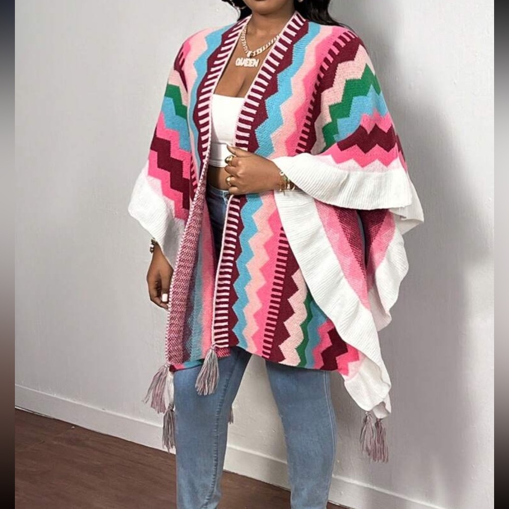 Luxe Plus Size Oversized Chevron Color Block Fringe Ruffle Knit Cape Cover Up - Picture 5 of 8